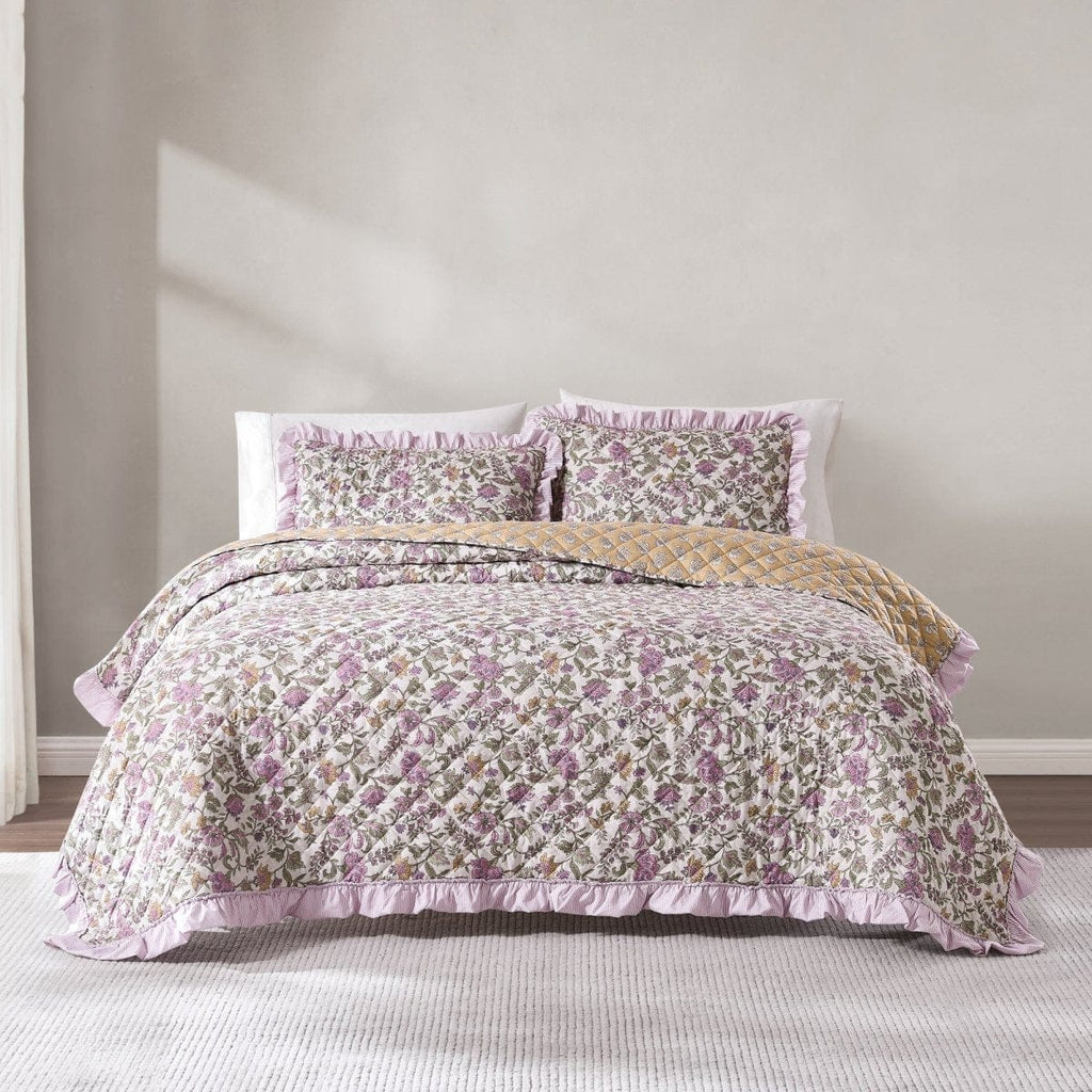 Lola Block Print Ruffle Reversible Floral Quilt Set