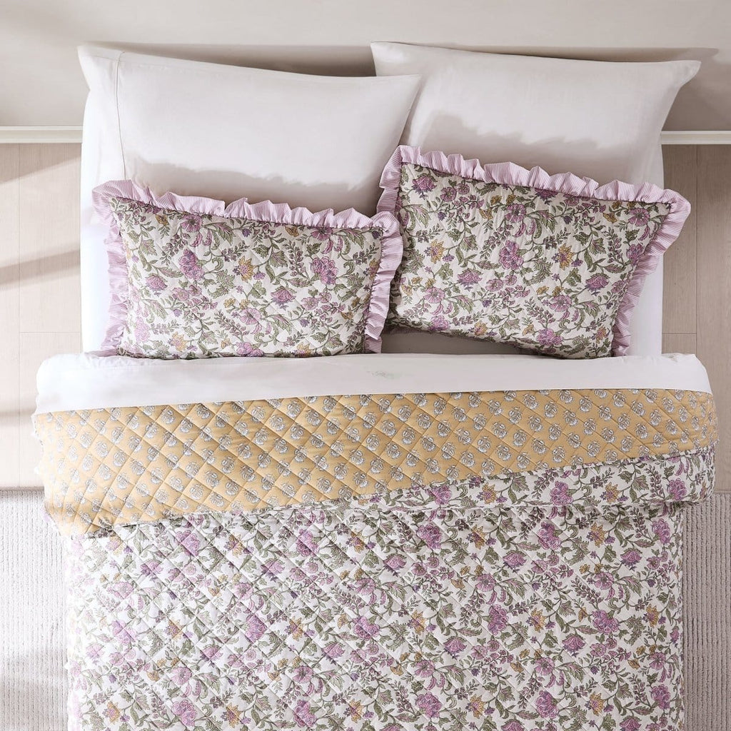 Lola Block Print Ruffle Reversible Floral Quilt Set