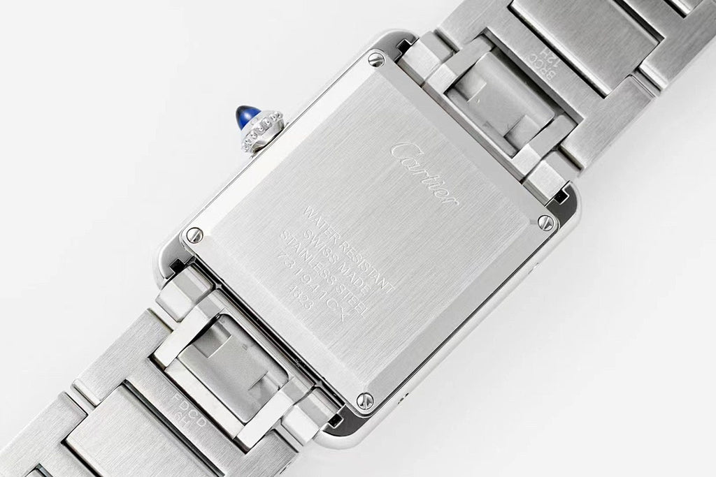 Cartier Tank – Steel White Roman Numeral Dial Blue Sword Hands Sapphire Crown Steel Bracelet