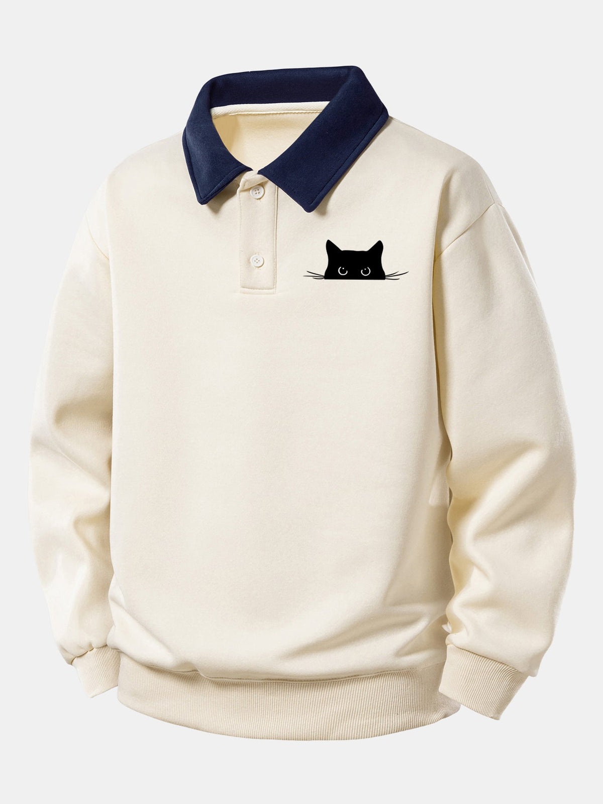 Relax Fit Black Cat Print Contrast Polo Sweatshirt