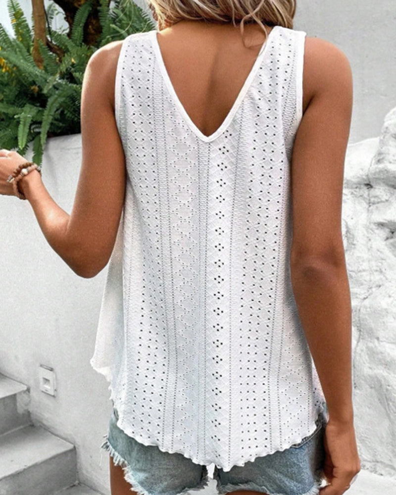 Women's V Neck Tank Top Eyelet Embroidery Sleeveless Tee Frill Hem Backless Contrast Patchwork Summer Top
