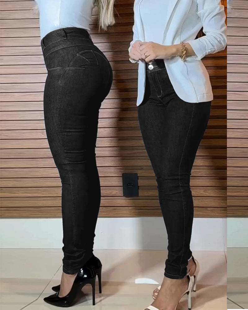 Front Button Zipper Fly High Waist Butt Lifting Skinny Denim Jeans Casual Pants
