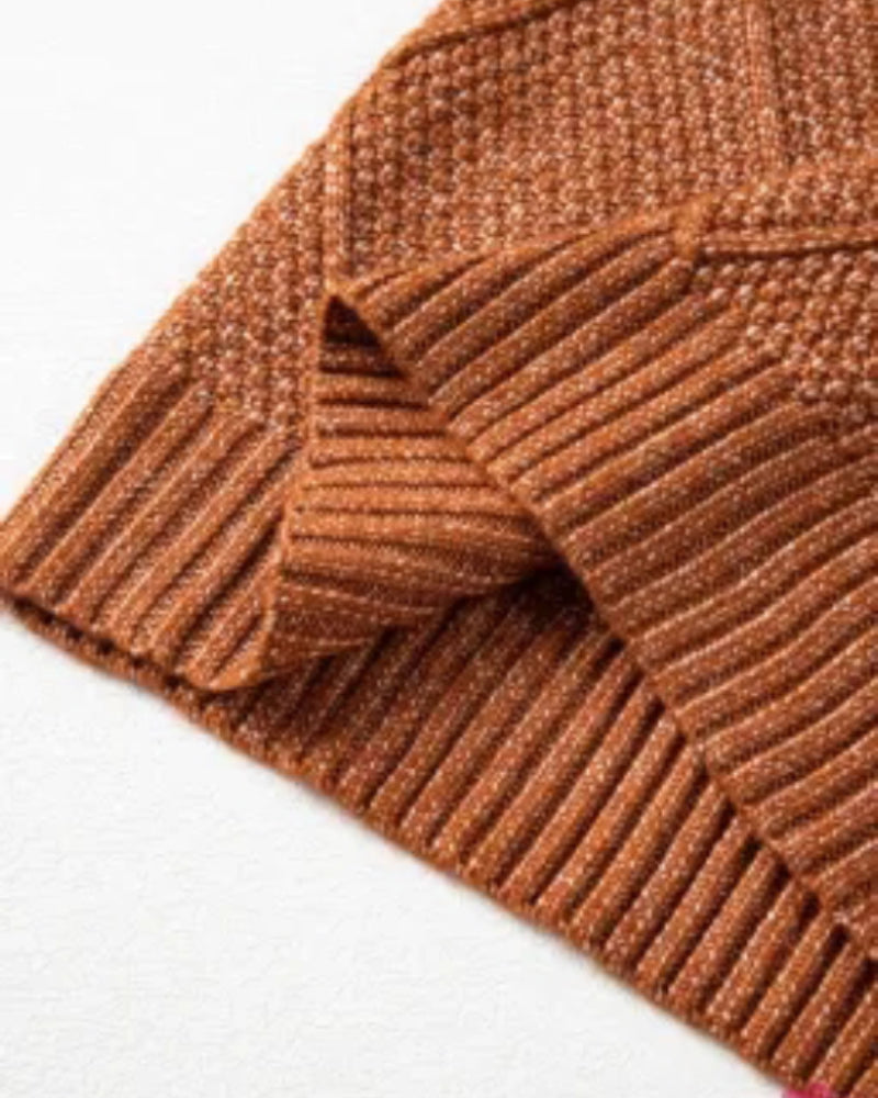 Round Neck Long Sleeve Drop Shoulder Pullover Sweater Casual Loose Fit Cable Knit Mid-length Sweater