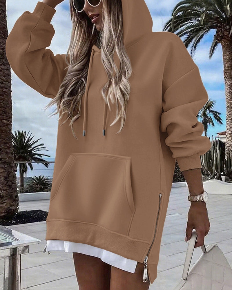Long Sleeve Kangaroo Pocket Design Zipper Side Pullover Sweatshirt Casual Faux Two Piece Side Slit Longline Drawstring Hoodie Top