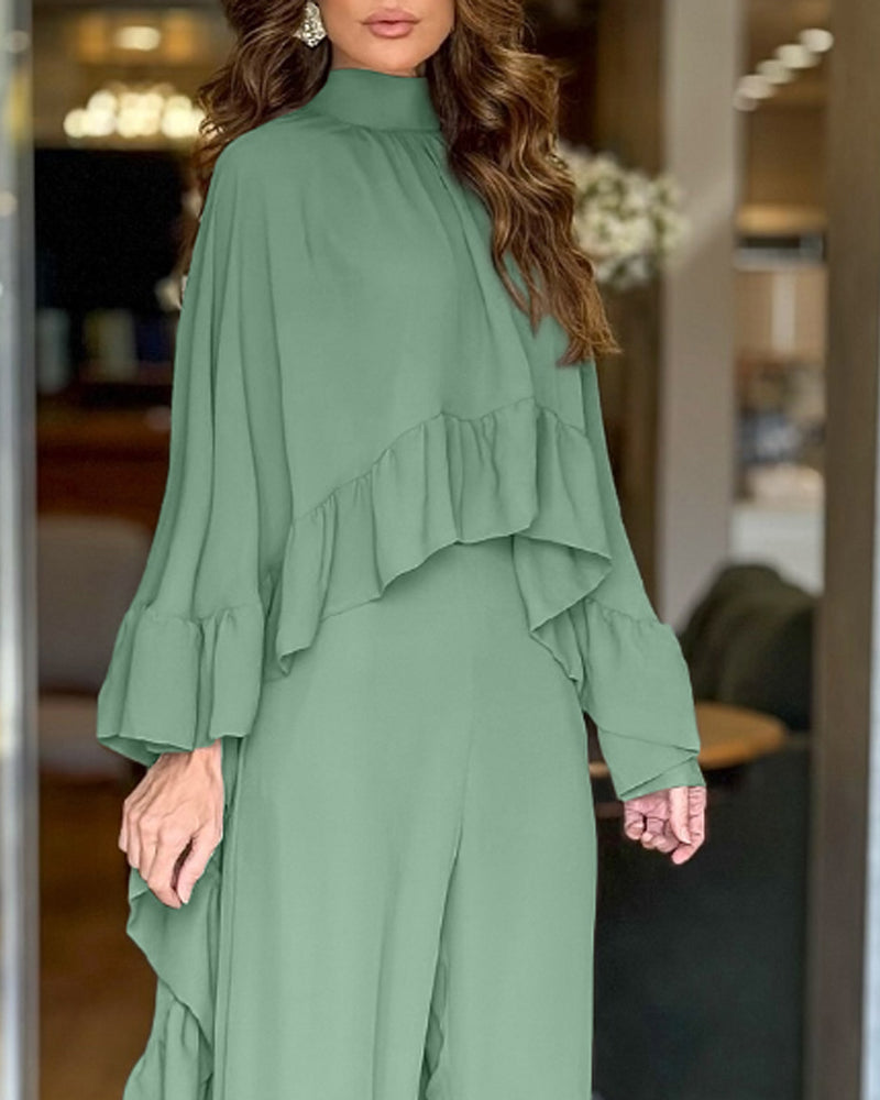 2 Pieces Outfit High Neck Hollow-out Back Ruffles High-Low Hem Cape and Casual Elastic Back Waist Wide Leg Pants Set