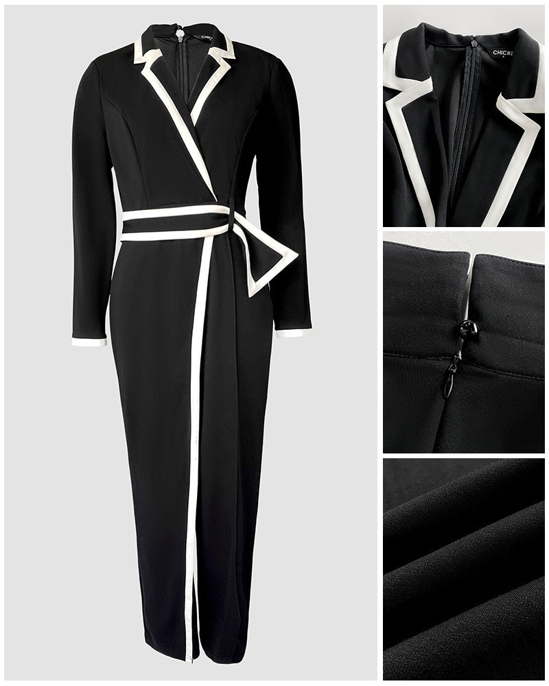 Contrast Paneled Notched Collar Padded shoulders Work Jumpsuit Casual Zipper Back Wrap Front Jumpsuit
