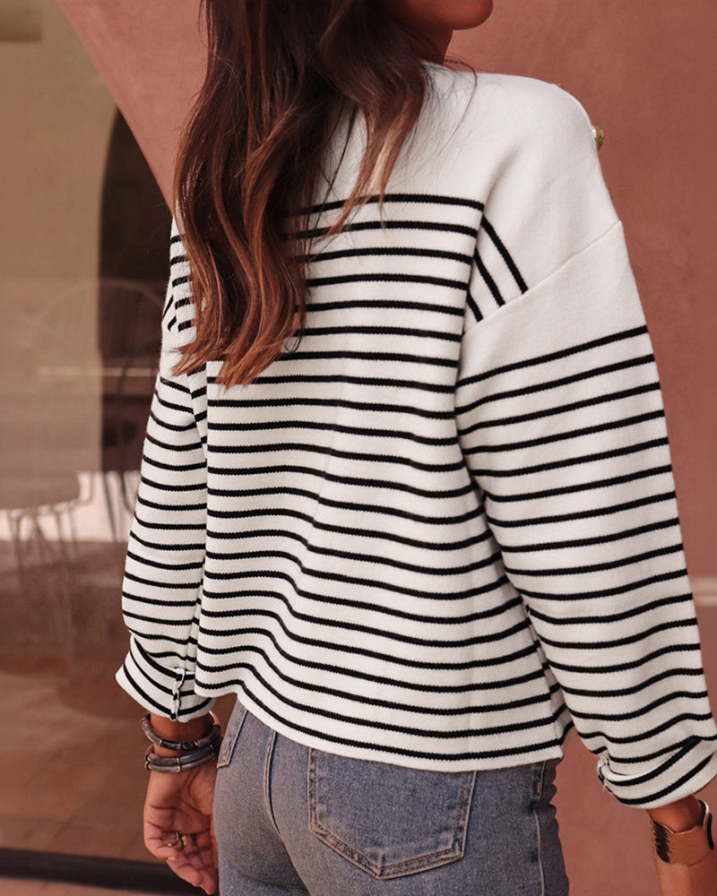 Women's Striped Knit Top Notch Neck Gold Button Drop Shoulder Long Sleeve Sweater