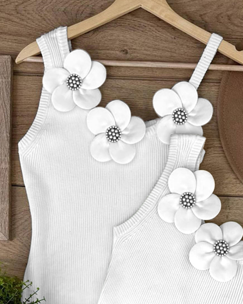 2 Pack Solid 3D Flower Tank Top Asymmetrical Neck Sleeveless Casual Ribbed Knit Camisole