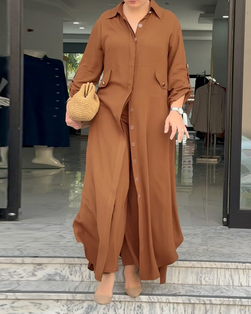 2 Pieces Outfit Turn-down Collar Turn-Up Sleeves Button Front Asymmetrical Hem Longline Blouse and Casual Elastic Waist Wide Leg Pants Set
