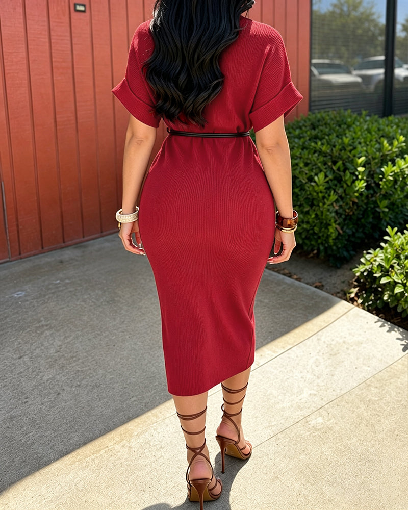 Women's Mock Neck Ribbed Knit Midi Dress Short Sleeve Turn-Up Cuffs Work Dress with Belt