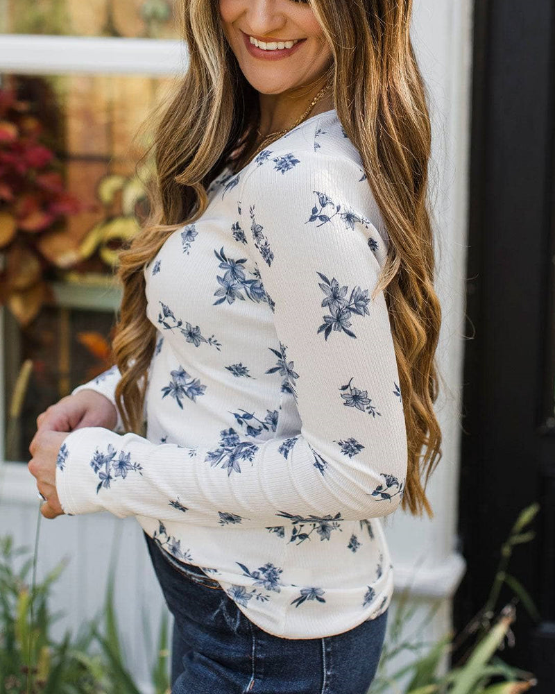 Women's Ditsy Floral Henley Neck Ribbed Long Sleeve Slim Fit Top