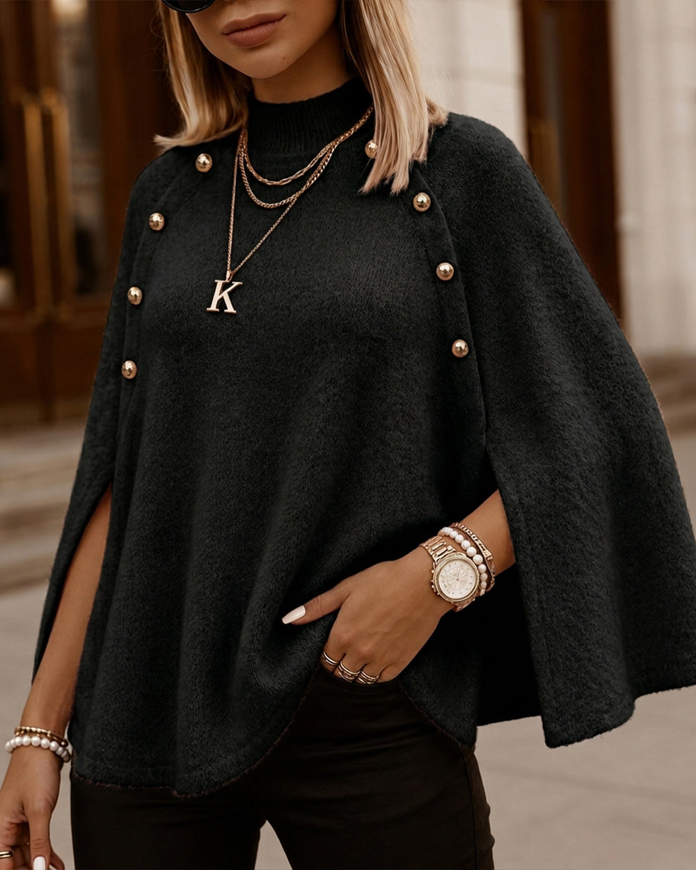 Women's Mock Neck Cape Knit Sweater Loose Old Money Style Pullover Side Slit Batwing Sleeve Winter Warm Cozy Top
