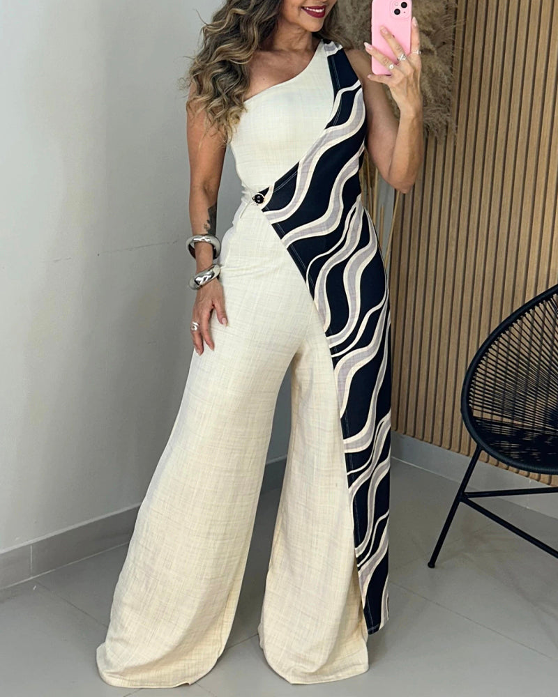 One Shoulder Sleeveless Colorblock Wave Print Spliced Wrap Front Overalls Casual Zipper Side Wide Leg Faux Two-Piece Jumpsuit