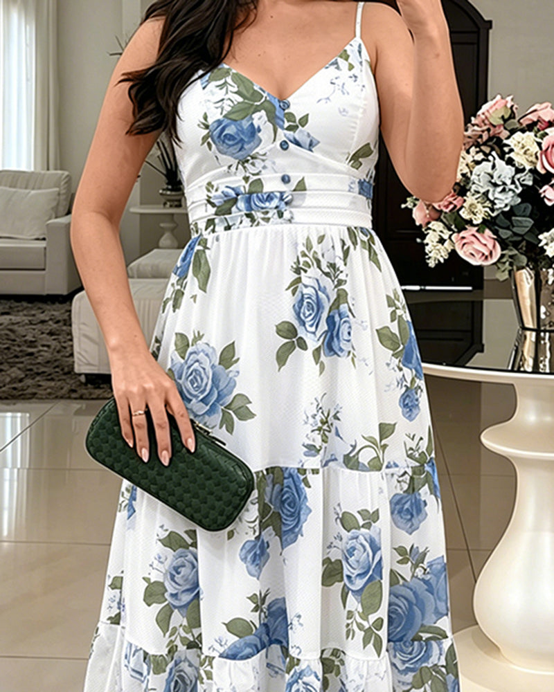 Damen-Maxikleid mit Blumenmuster, Rüschensaum, Camisole-Kleid, V-Ausschnitt, gerafft, Sommer-Urlaub, Boho-langes Kleid mit integriertem BH