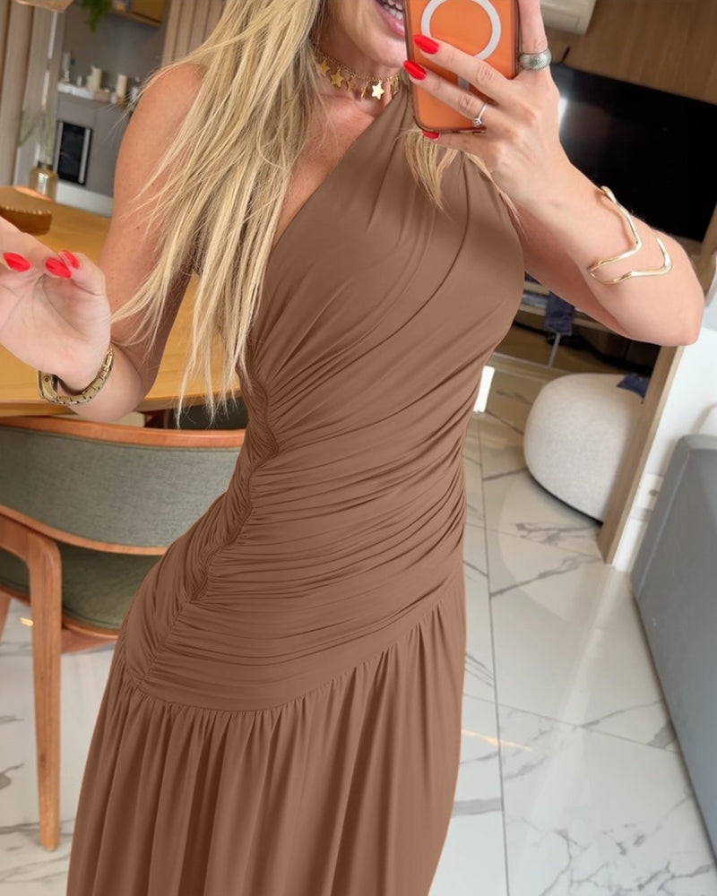 Women's One Shoulder Ruched Side Bodycon Dress Asymmetrical Hem Sleeveless Slim Fit Party Dress