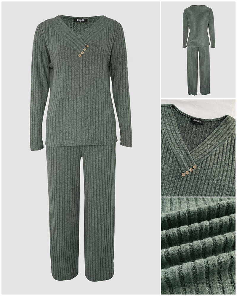 2 Pieces Outfit Button Decor V-Neck Long Sleeve Top and Elastic Waist Straight Leg Pants Set Casual Ribbed Set