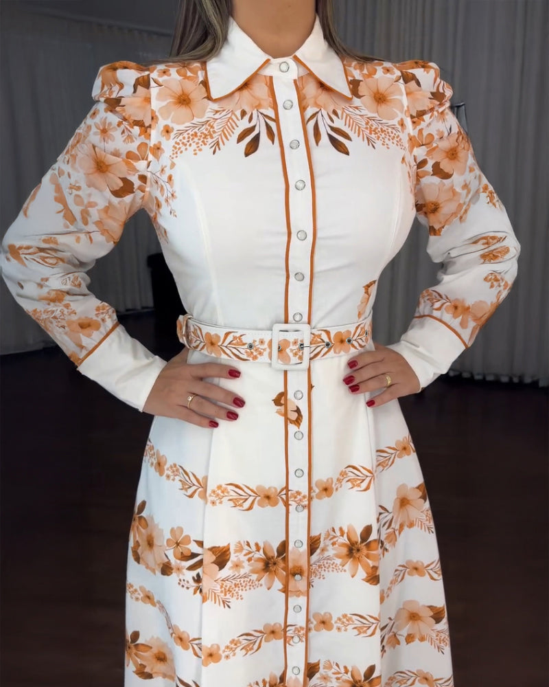 Blumenkleid mit Umlegekragen, Puffärmeln, Gürtel und Innenfutter, lässiges Hemdblusenkleid für den Urlaub