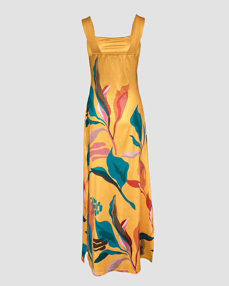 Maxikleid mit Pflanzenmuster, eckigem Ausschnitt, breiten Trägern, Seitenschlitz und Taschen, lässiges Urlaubskleid