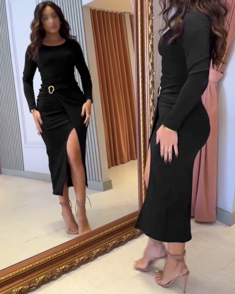 Metal Ring Decor Wrapped Slit Ribbed Commuting Dress Cinched Waist Slim Fit Mid-Length Dress