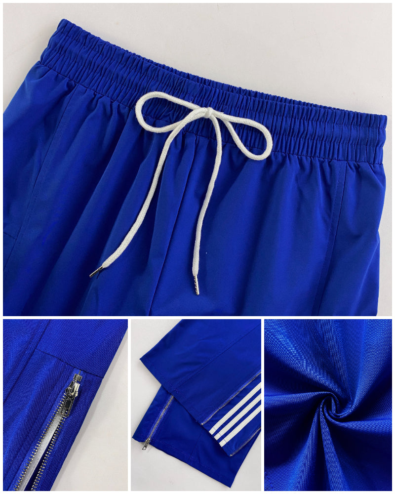 Contrast Side Striped & Zipper Slit Side Drawstring Elastic Waist Trousers Casual Wide Leg Pants