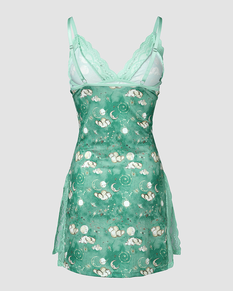 Graphic Print Lace Patch Bowknot Decor Sleep Dress