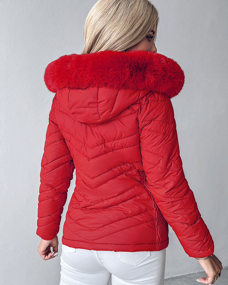 Zipper Pocket Design Shirred Fuzzy Trim Fleece Lined Hooded Puffer Jacket