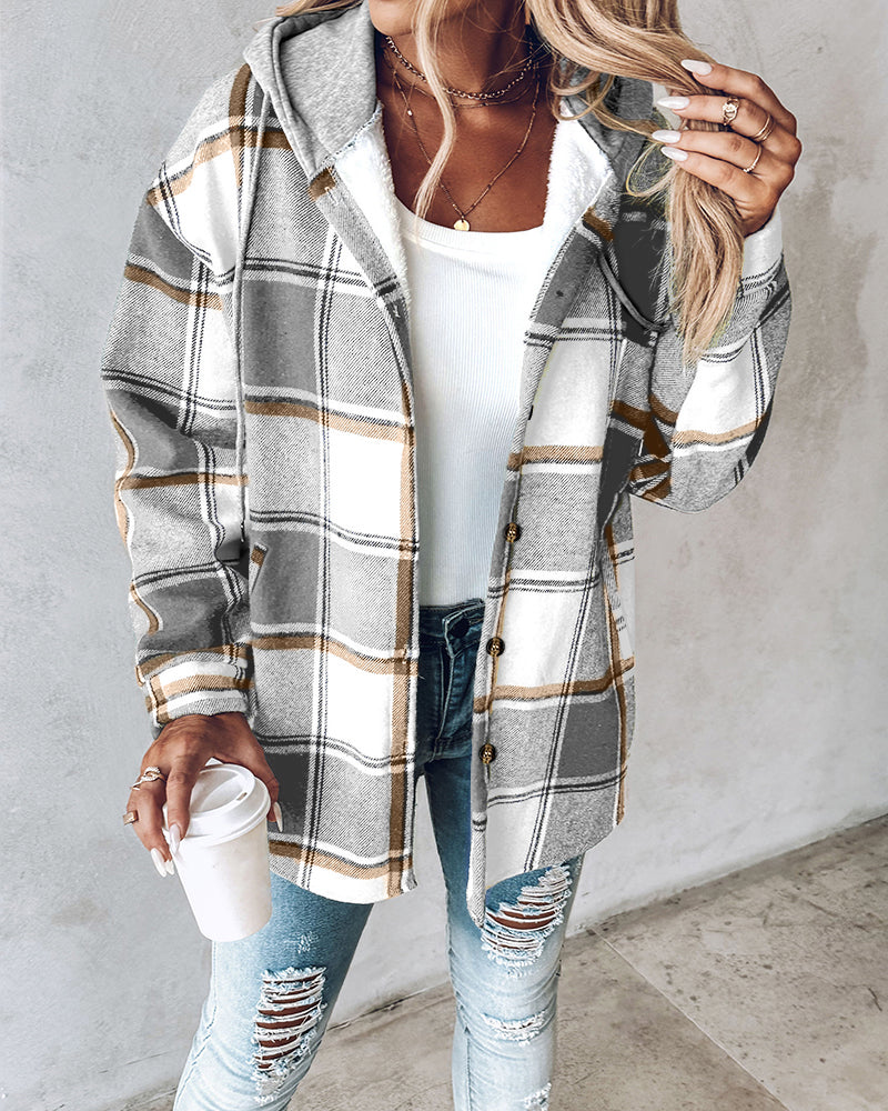 Karierte Langarm-Hemdjacke mit Knopfleiste, fleecegefütterte Kapuzenjacke, warmer Mantel