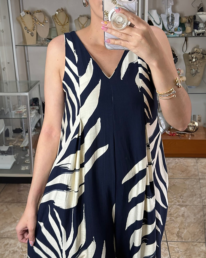 Jumpsuit mit tropischem Pflanzenmuster, V-Ausschnitt, ärmellos, Reißverschluss am Rücken, lässig, gerafft, weites Bein, lockere Passform