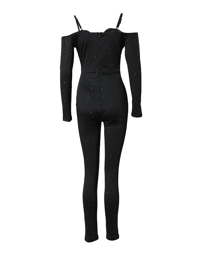 Glitter Cold Shoulder Adjustable Spaghetti Straps Lace Spliced Overalls Slim Fit Zipper Back Corset Jumpsuit