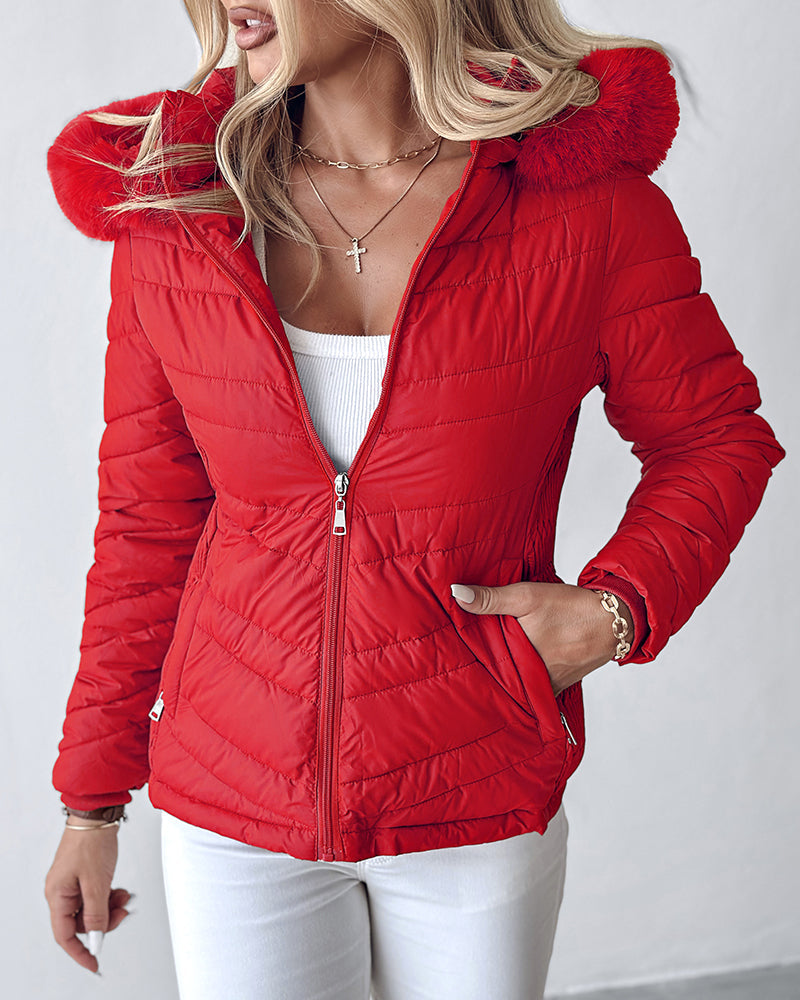 Zipper Pocket Design Shirred Fuzzy Trim Fleece Lined Hooded Puffer Jacket