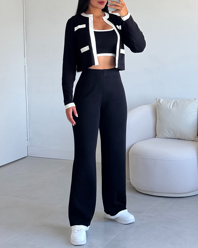 Women's Contrast Binding 3-Piece Knit Set Open Front Crop Cardigan and Wide Leg Pants with Cami Top