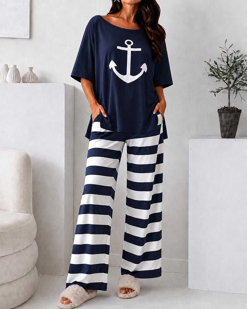 Loungewear-Set für Damen mit Anker-Print, Oberteil mit Seitenschlitz und gestreifter Hose mit geradem Bein, legeres Pyjama-Set mit Taschen