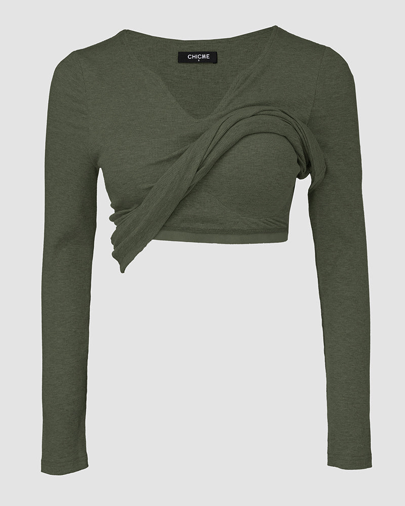 Chicme Built In Bra Notch Neck Long Sleeve Shirts Rib Knit Ruched Waist Top