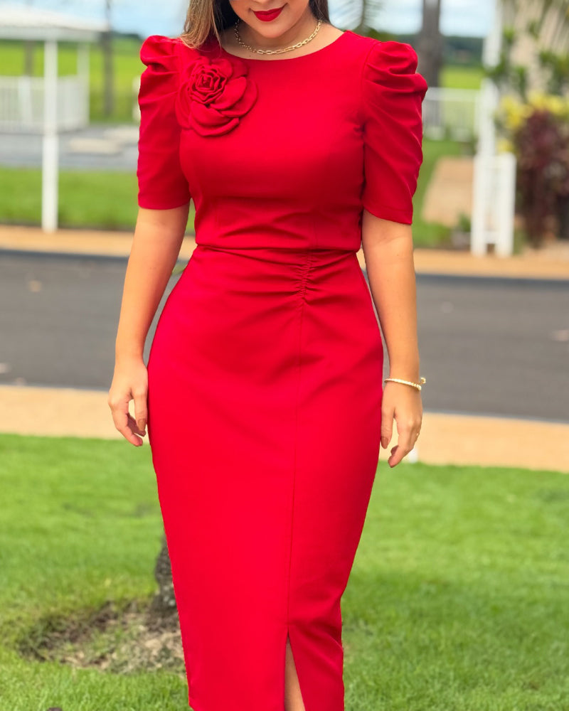 3D Flower Decor Round Neck Puff Sleeve Bodycon Dress Casual Ruched Slit Zipper Back Work Dress