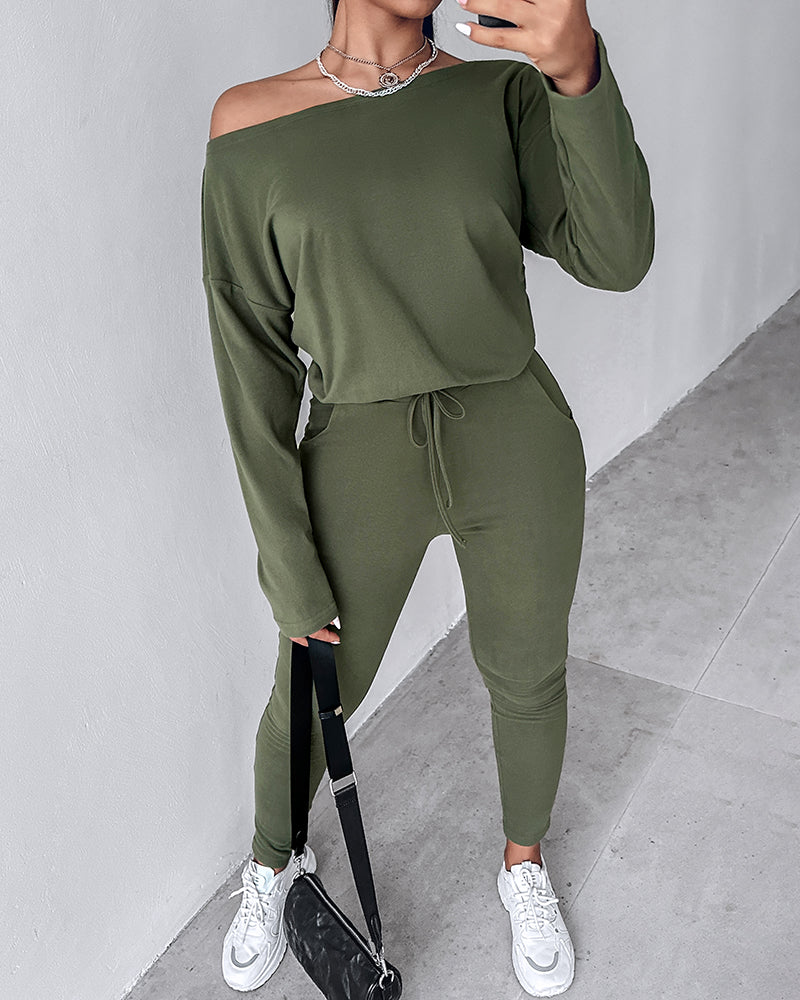 2 Pieces Outfit Long Sleeve Skew Neck Pullover Top and Drawstring Elastic Waist Slim Fit Pants Set