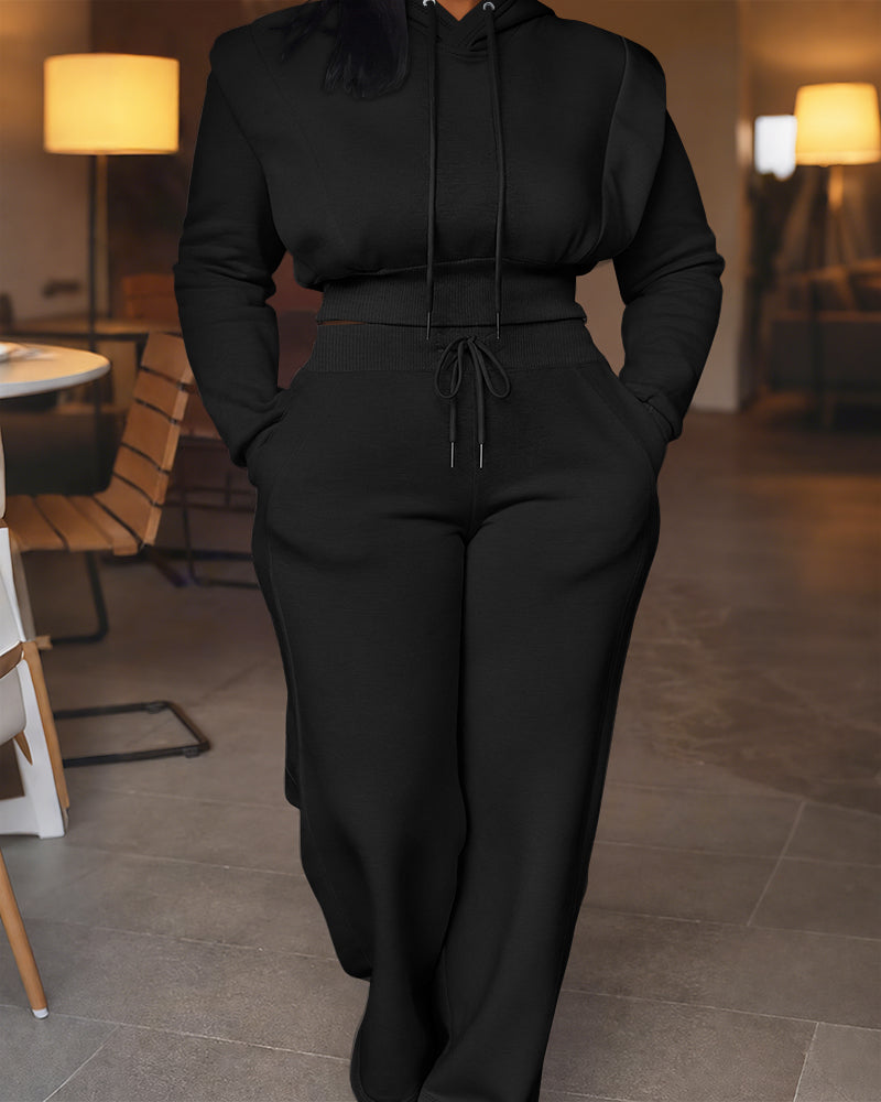2 Pieces Outfit Long Sleeve Crop Drawstring Hoodie Sweatshirt with Thumb Hole Cuffs and Casual Drawstring Elastic Waist Wide Leg Sweatpants Set