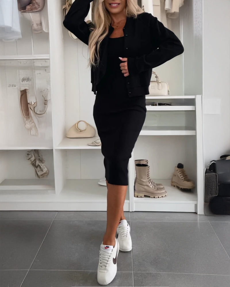 2 Pieces Outfit U-Neck Slit Back Slim Fit Knit Tank Dress and Pearl Button Front Baseball Coat Casual Ribbed Set