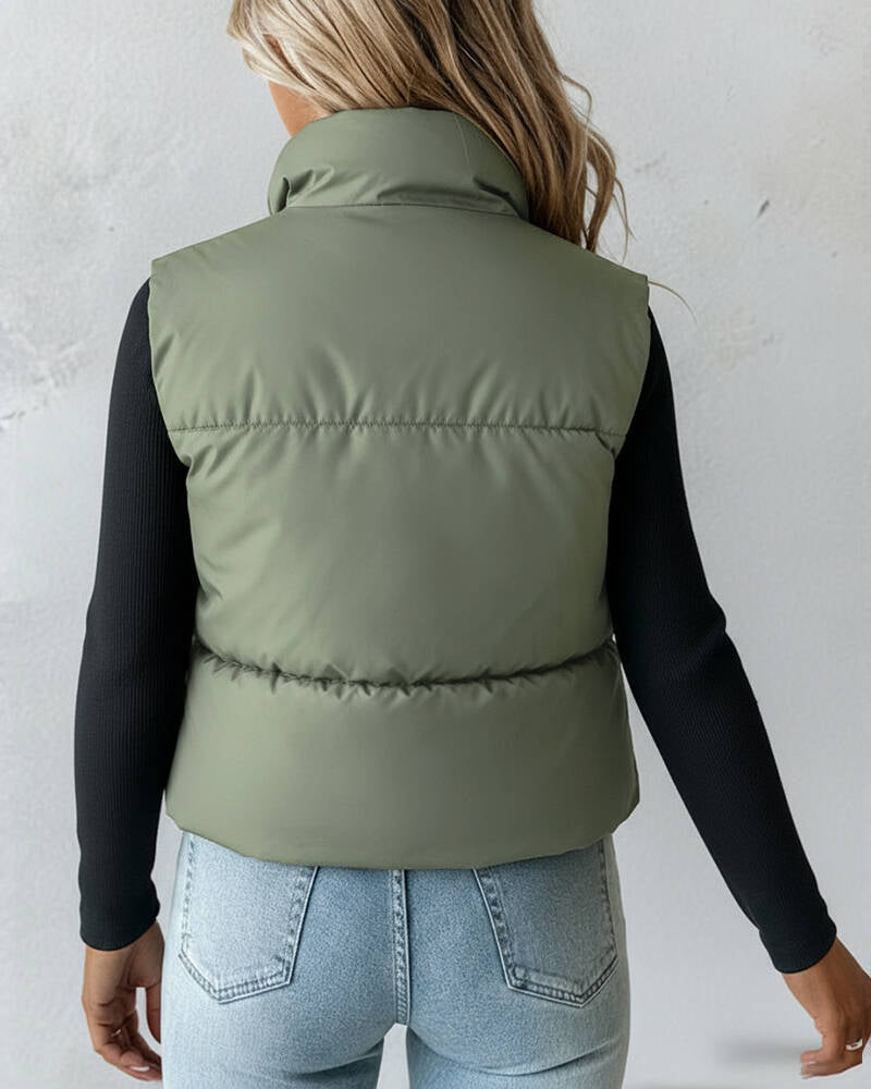 Stand Collar Sleeveless Zip Up Drawstring Hem Vest Casual Two-Way Reversible Ladies Warm Winter Padded Coat
