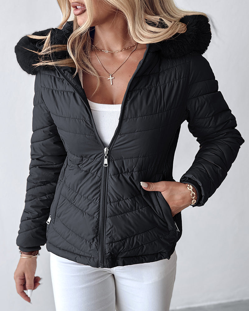 Zipper Pocket Design Shirred Fuzzy Trim Fleece Lined Hooded Puffer Jacket