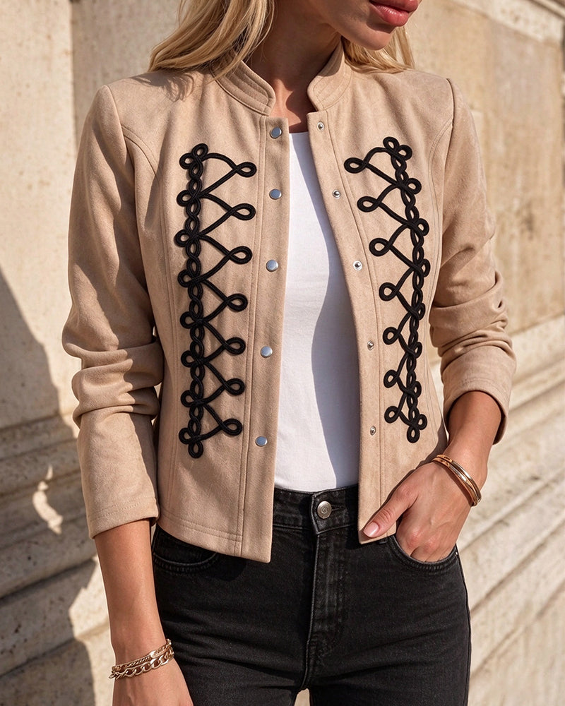 Women's Ethnic Braided Embroidered Faux Suede Stand Collar Snap Button Crop Jacket