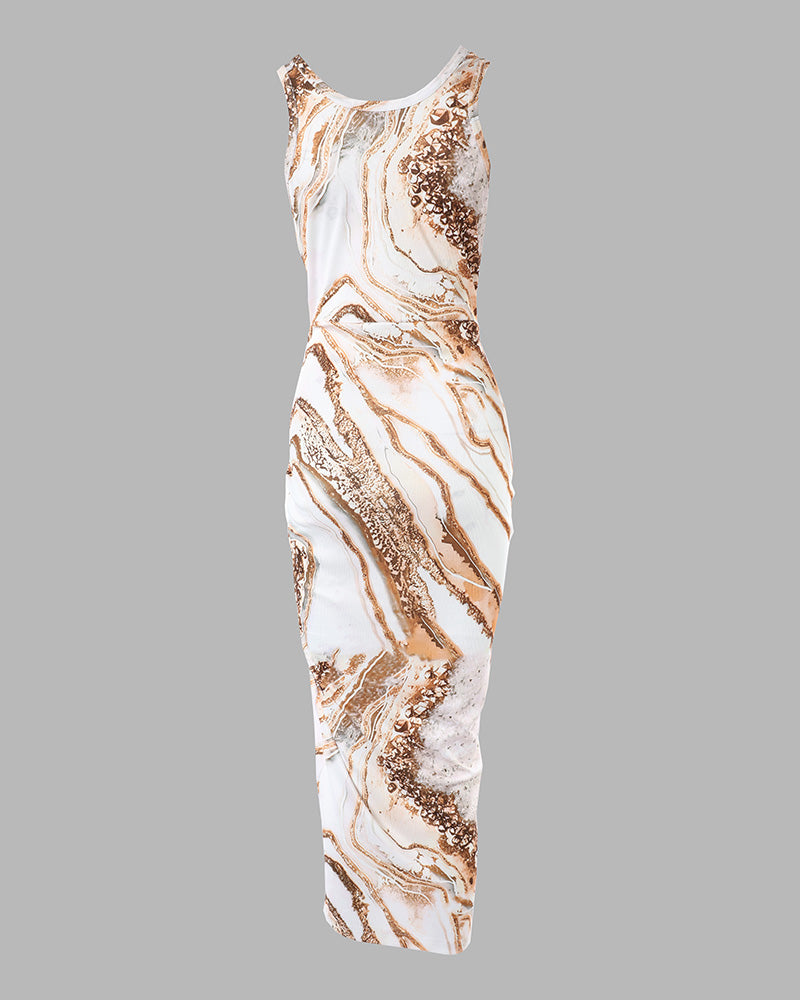 Geripptes ärmelloses Kleid mit U-Ausschnitt, Marmor-Print, Kordelzug, Raffungen und hohem Schlitz – Freizeit- und Urlaubskleid