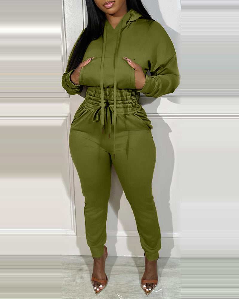 2 Pieces Outfit Drop Shoulder Kangaroo Pocket Stretchy Hem Crop Drawstring Hoodie Sweatshirt And Drawstring Elastic Waist Jogger Sweatpants Casual Tracksuit