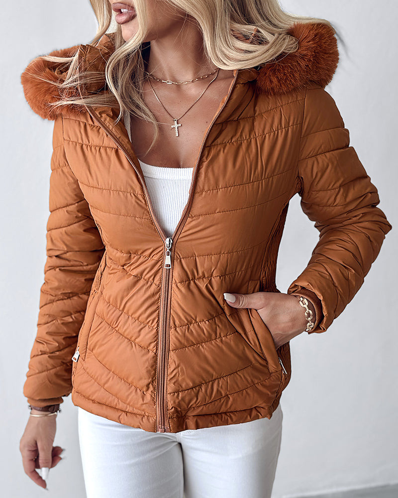 Zipper Pocket Design Shirred Fuzzy Trim Fleece Lined Hooded Puffer Jacket