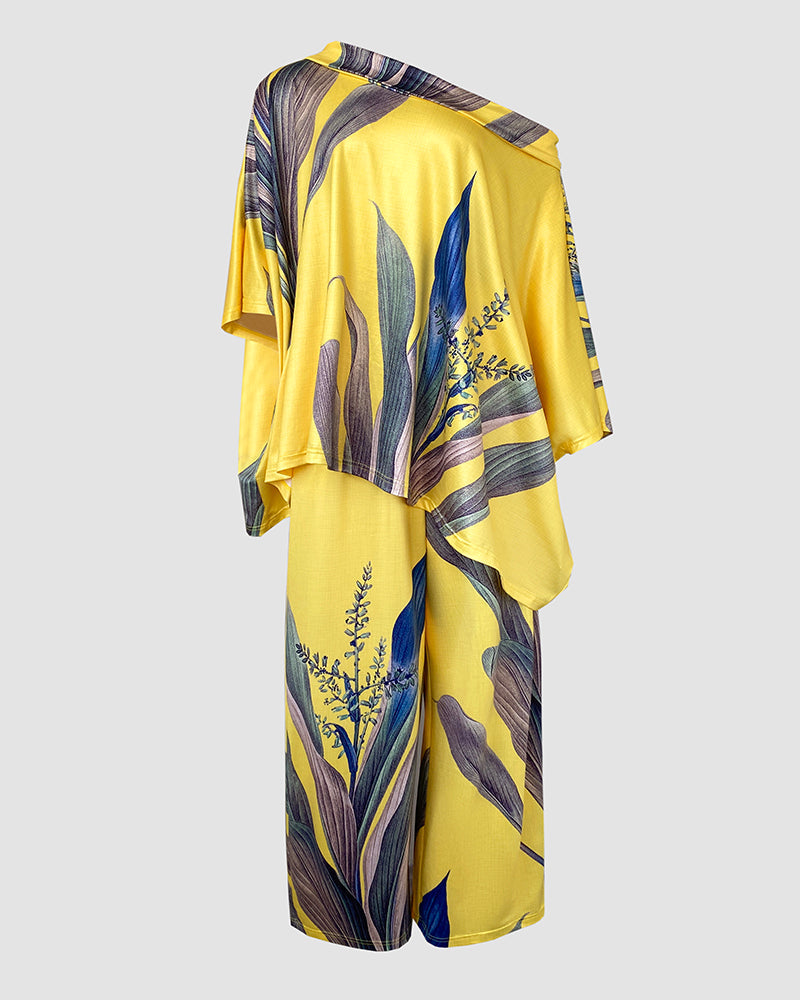2 Pieces Outfit Plants Print Cold Shoulder Batwing Sleeve Top and Casual Wide Leg Pants Set