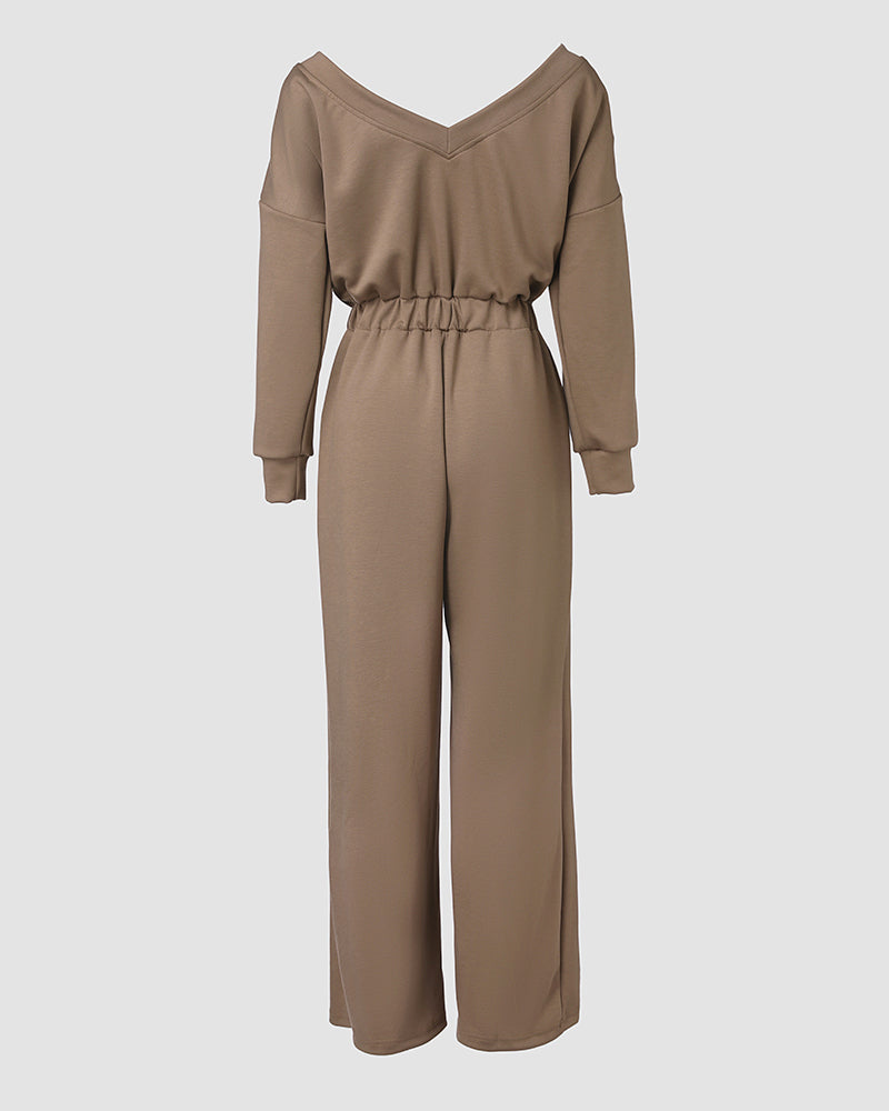 Off Shoulder V Back Elastic Waist Pockets Design Jumpsuit Casual Drop Shoulder Cinched Waist Wide Leg Jumpsuit
