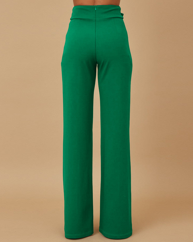 Metal Button Decor High Waist Casual Straight Leg Work Pants