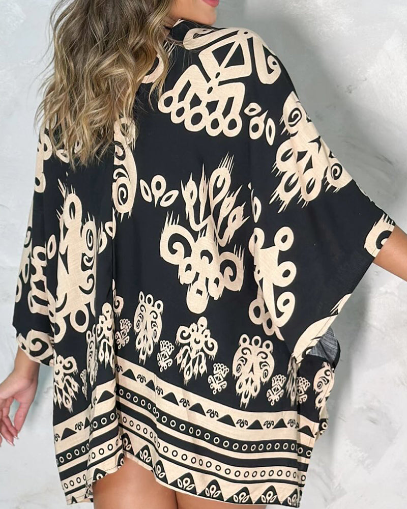 Vintage Baroque Print Open Front Half Sleeve Cover-up Casual Hollow-out Back Loose Fit Cardigan