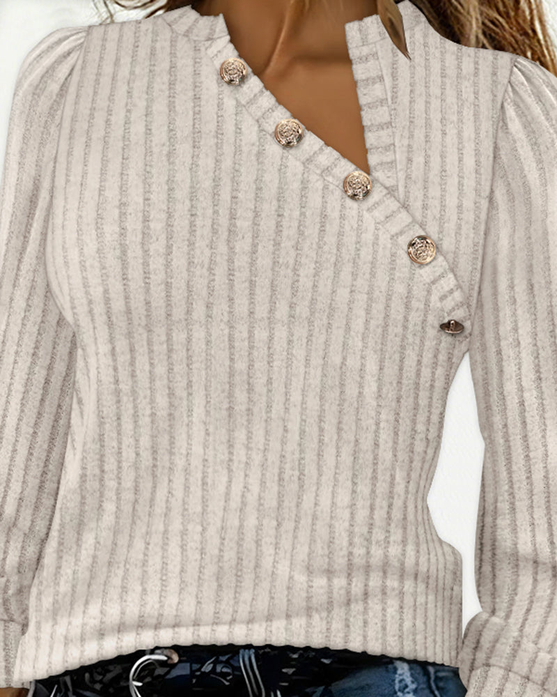 Button Decor Asymmetrical V-Neck Long Sleeve Ribbed Tee Casual Knit Brushed Top