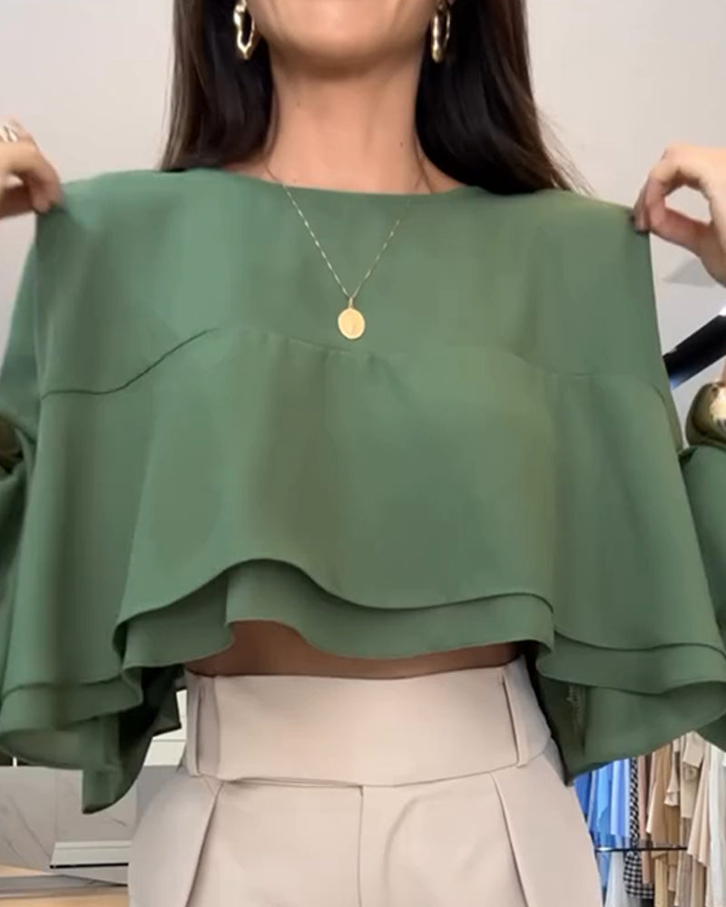 Round Neck Bell Sleeve Crop Top Casual Loose Fit Layered Blouse