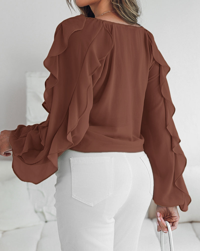 V Neck Shoulder Ruffles Design Blouse Casual Button Front Long Sleeve Top